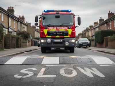 A FIRE ENGINE DRIVES OVER SOME TRAFFIC CALMING TECHNIQUE IN THE UK