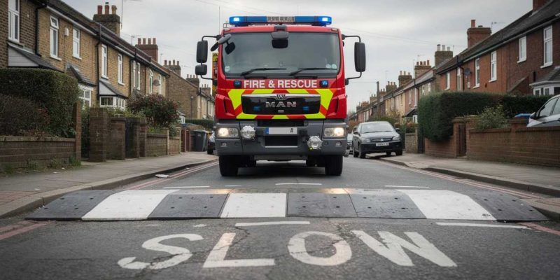 A FIRE ENGINE DRIVES OVER SOME TRAFFIC CALMING TECHNIQUE IN THE UK