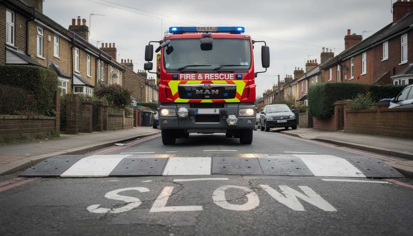 A FIRE ENGINE DRIVES OVER SOME TRAFFIC CALMING TECHNIQUE IN THE UK
