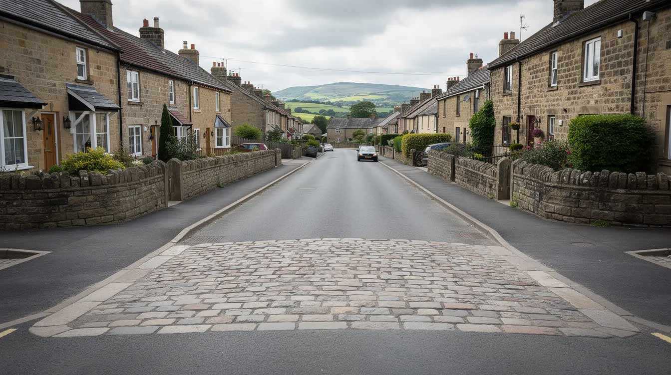 cobbled speed tables on uk village street, fitting in with the heritage aesthetic with low noise factor